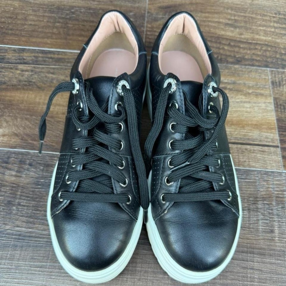Linea Paolo Black Leather Platform Sneakers Rhinestone Eyelets Womens 6 - Picture 2 of 8
